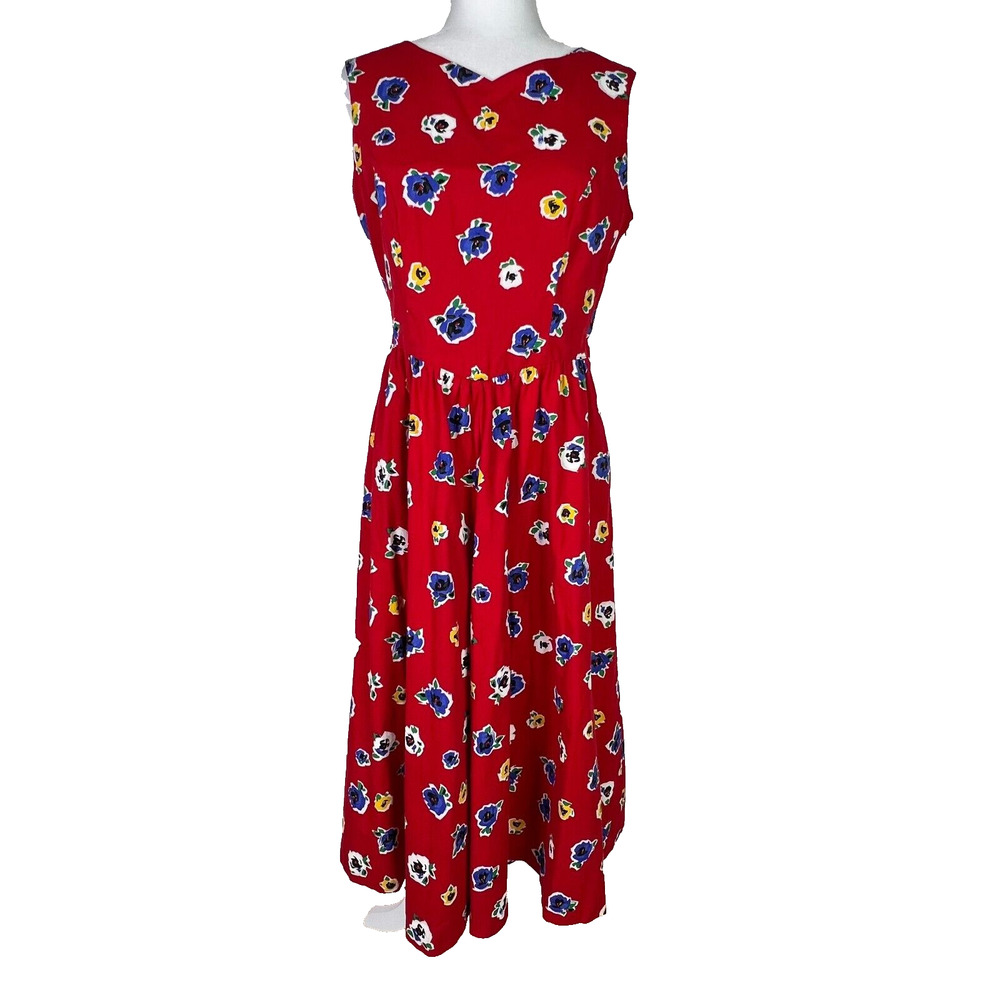 Lanz‎ Original 80's Red Floral Tank Bow Tie Back Pocket Tea Dress Sz 14